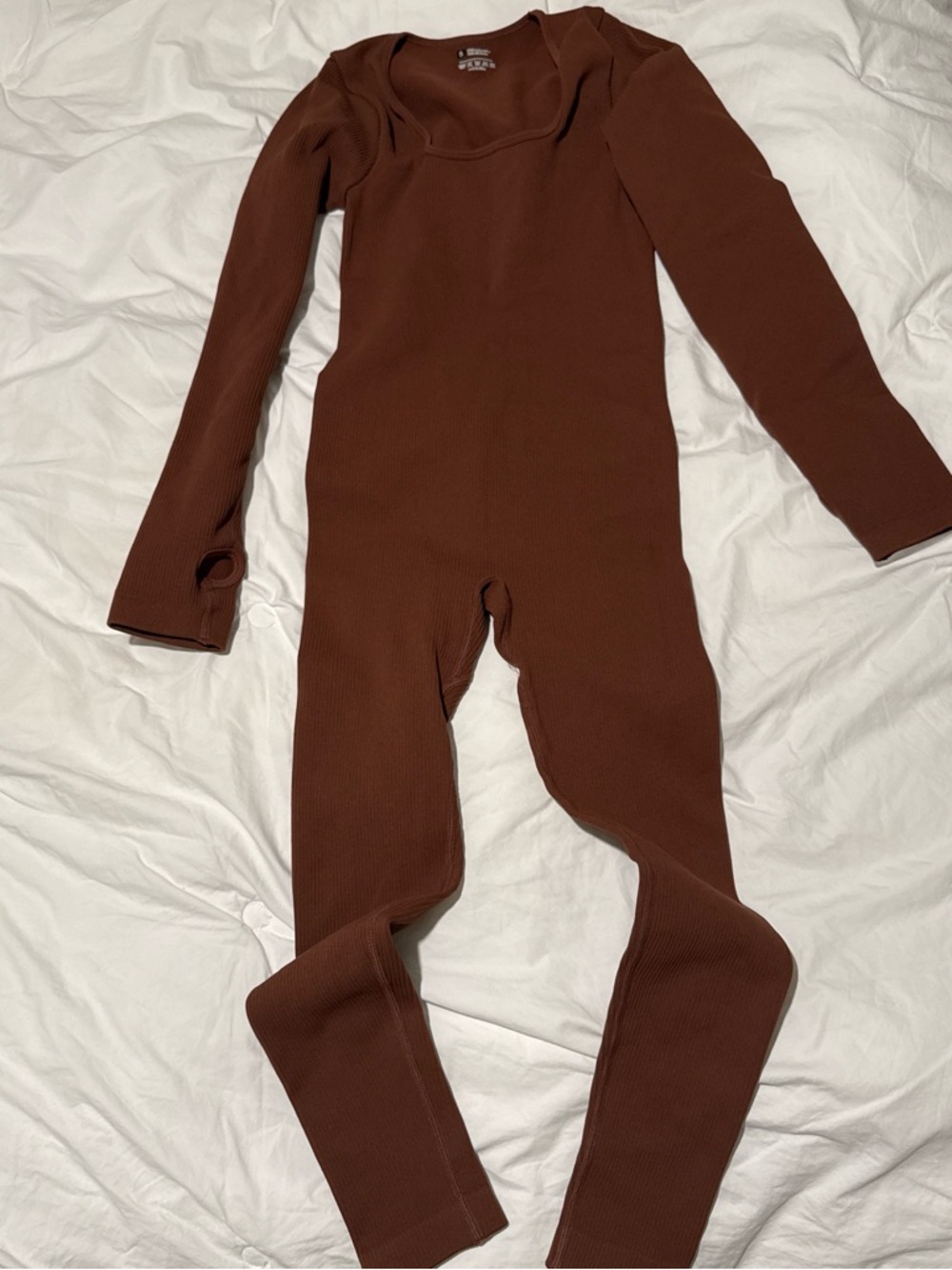 Brown Ribbed Long Sleeve Jumpsuit